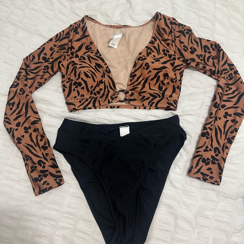 Cupshe Brown Animal Print Bikini with Black High-Waist Bottoms